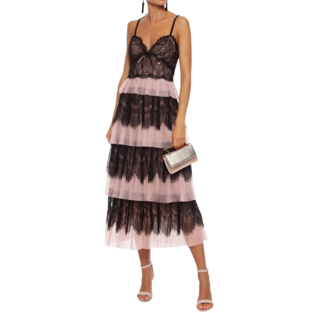 Marchesa Notte Dress Size 4 Pink Black Lace Tiered Tulle Midi Sleeveless Corset